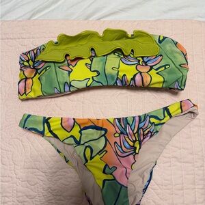 FARM Rio Tropical Leaf Bandeau Bikini Set in Lime, Yellow, Pink, Green & Blue